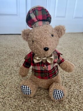 MacKenzie-Childs Tartastic Mac the Bear Plaid with Gold Bow• Height 16”